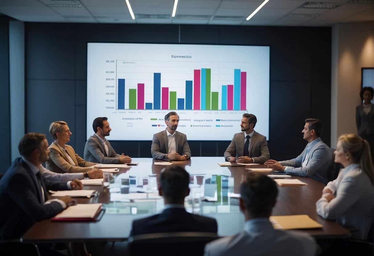 A group of executives brainstorming around a conference table, with charts and graphs displayed on a screen, while a consultant presents a custom AI strategy