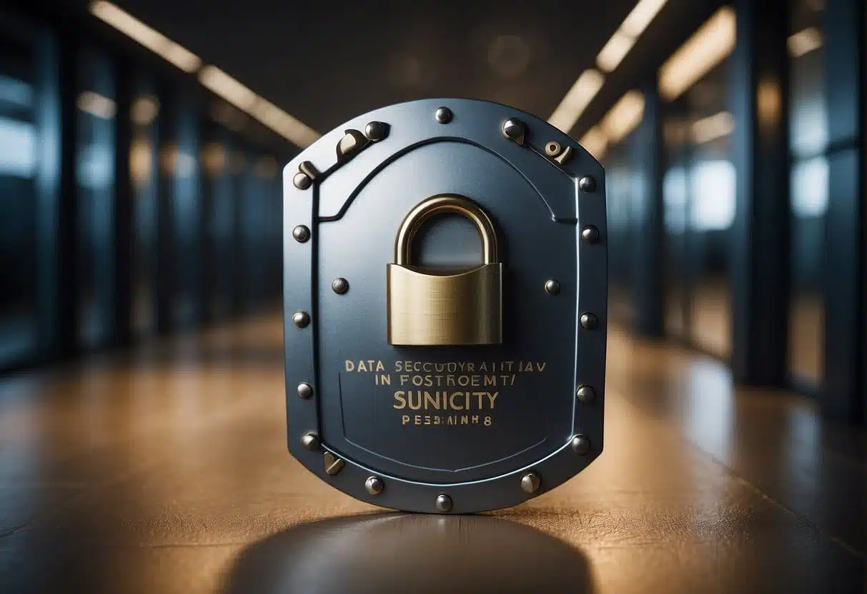 A secure vault with a padlock surrounded by a shield with the words "Data Security and Privacy" and a pathway leading to a sign that reads "Custom AI Strategy Development for Unique Business Needs"