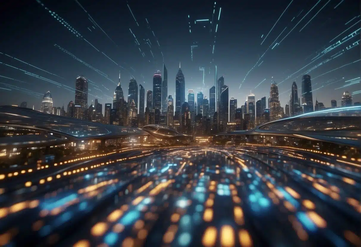A futuristic city skyline with AI algorithms flowing through digital circuits, tailored to fit specific business requirements