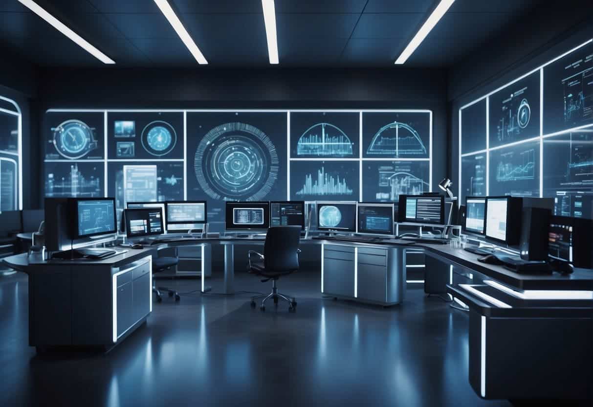 A futuristic, high-tech laboratory with holographic displays and advanced AI algorithms being developed for custom business strategies
