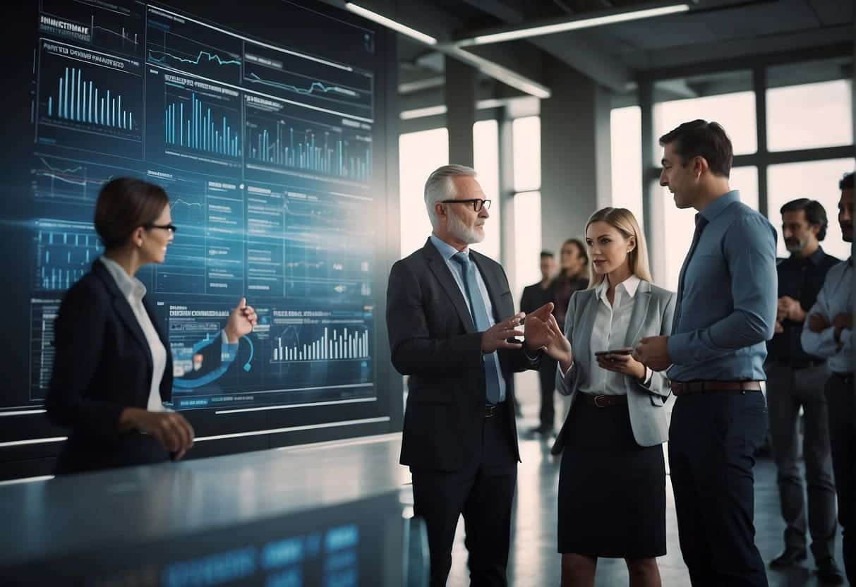 A group of professionals discussing AI strategy, surrounded by various vendors and partners. Charts and graphs on the wall illustrate unique business needs