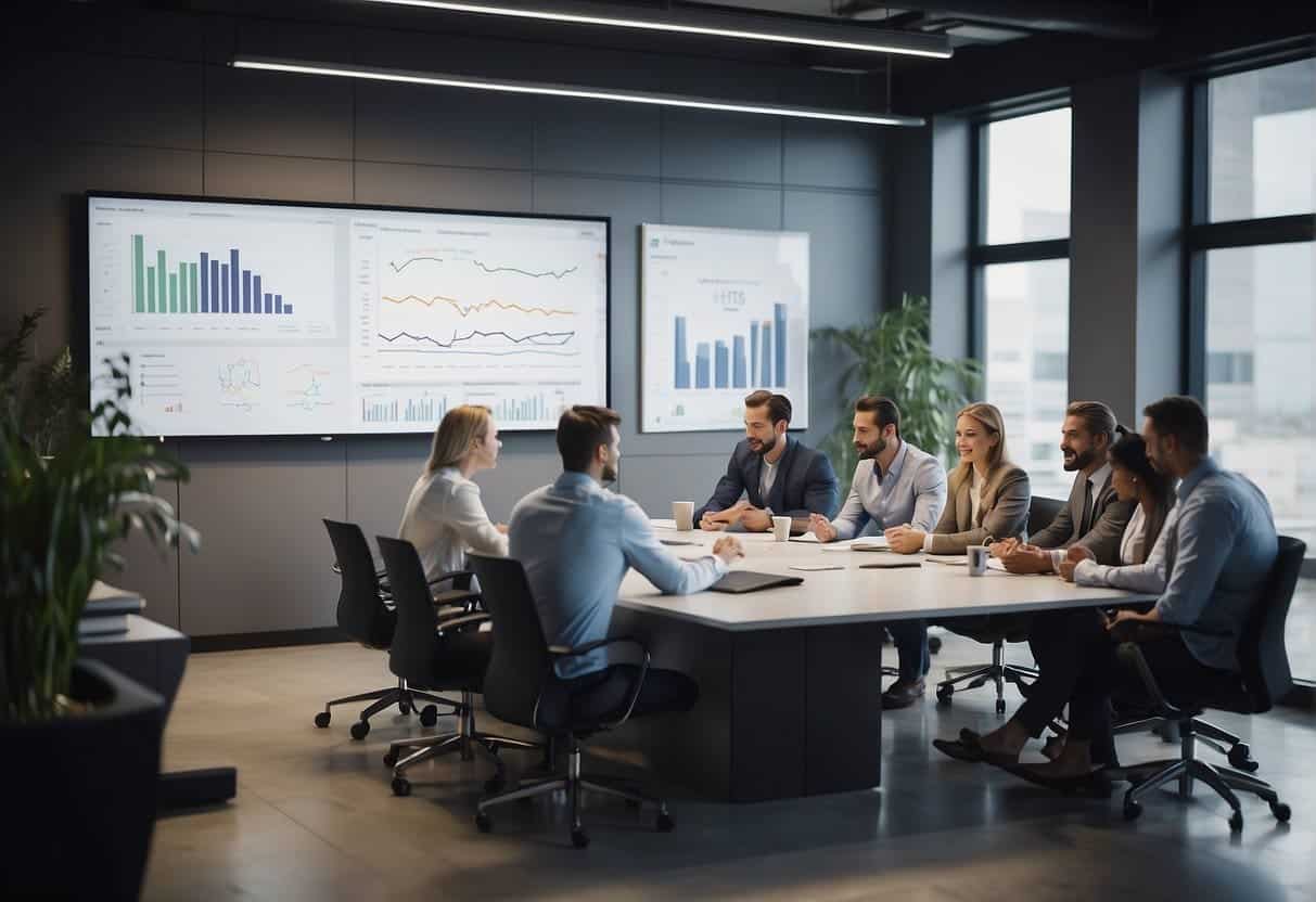 A bustling office space with modern decor and a team of professionals brainstorming ideas on a whiteboard, surrounded by charts and graphs illustrating exponential growth