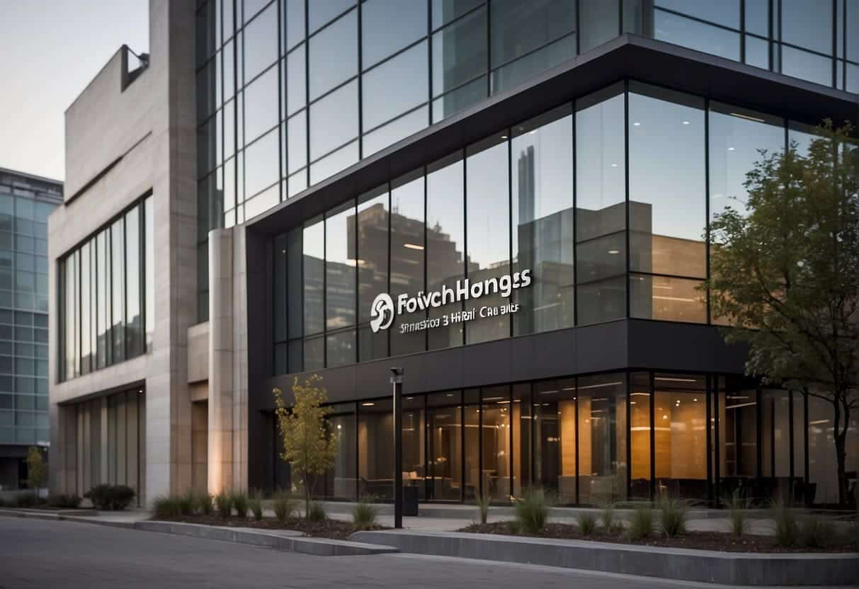 A growth hacking agency logo on a sleek, modern office building, with a dynamic graph and upward arrow symbolizing growth