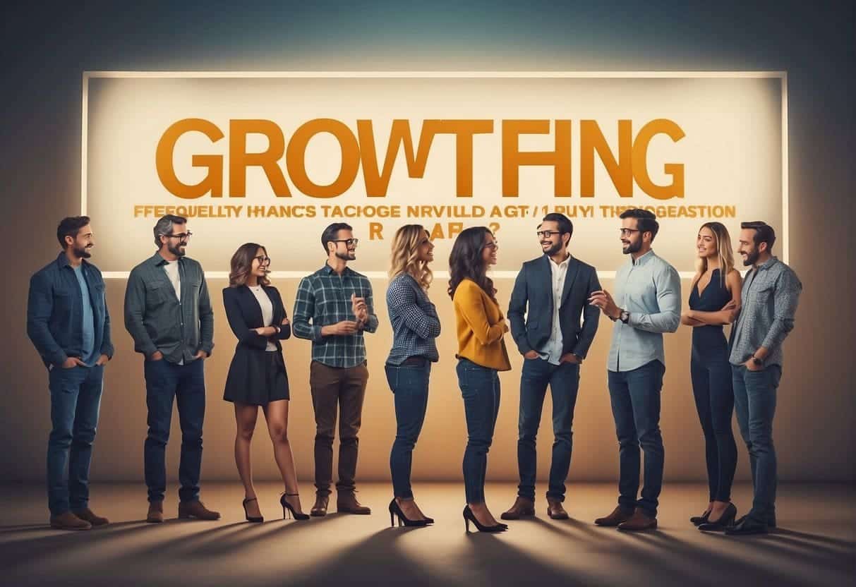 A group of people eagerly gather around a sign that reads "Frequently Asked Questions growth hacking agency," with expressions of curiosity and excitement on their faces