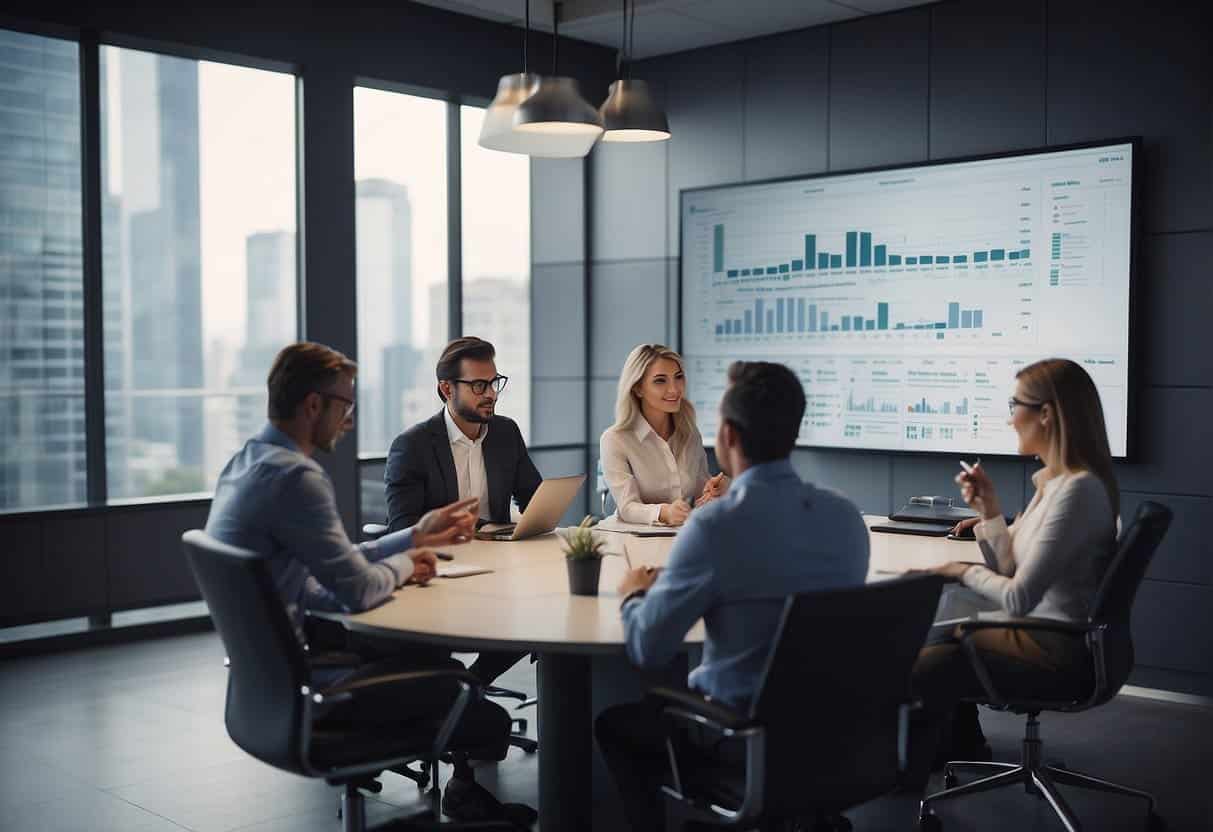 A group of professionals brainstorming ideas and analyzing data in a modern office setting, with charts and graphs displayed on the walls