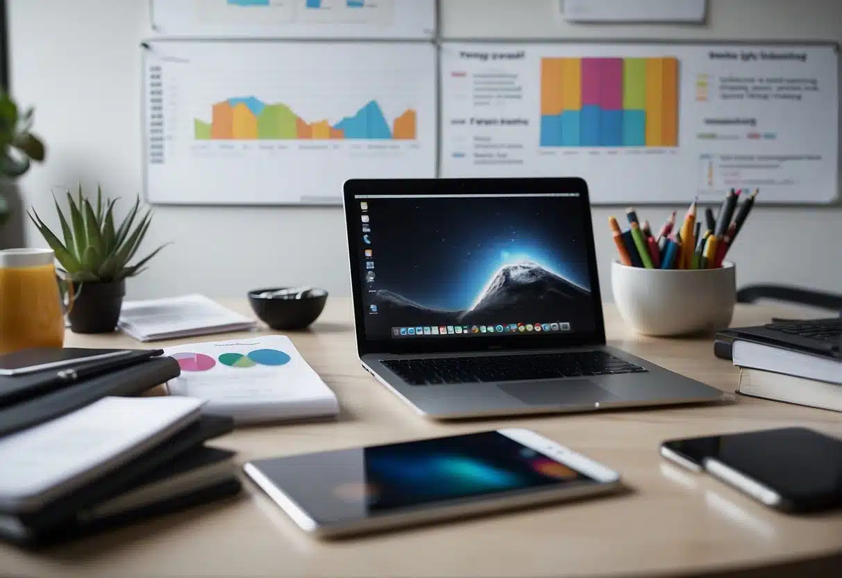 A desk with a laptop, smartphone, and tablet surrounded by books on growth hacking and marketing. A whiteboard with brainstorming notes and charts