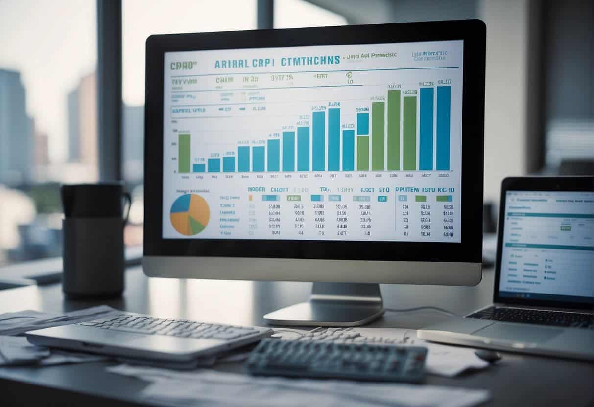 A computer screen displaying CPM advertising metrics with a chart showing impressions and cost, surrounded by marketing materials and a calculator