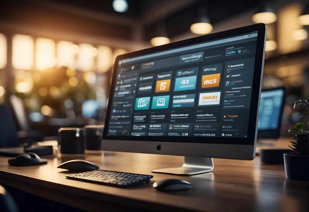A computer monitor displaying various platform options for ecommerce web design. Tools and software arranged neatly on a desk for setup