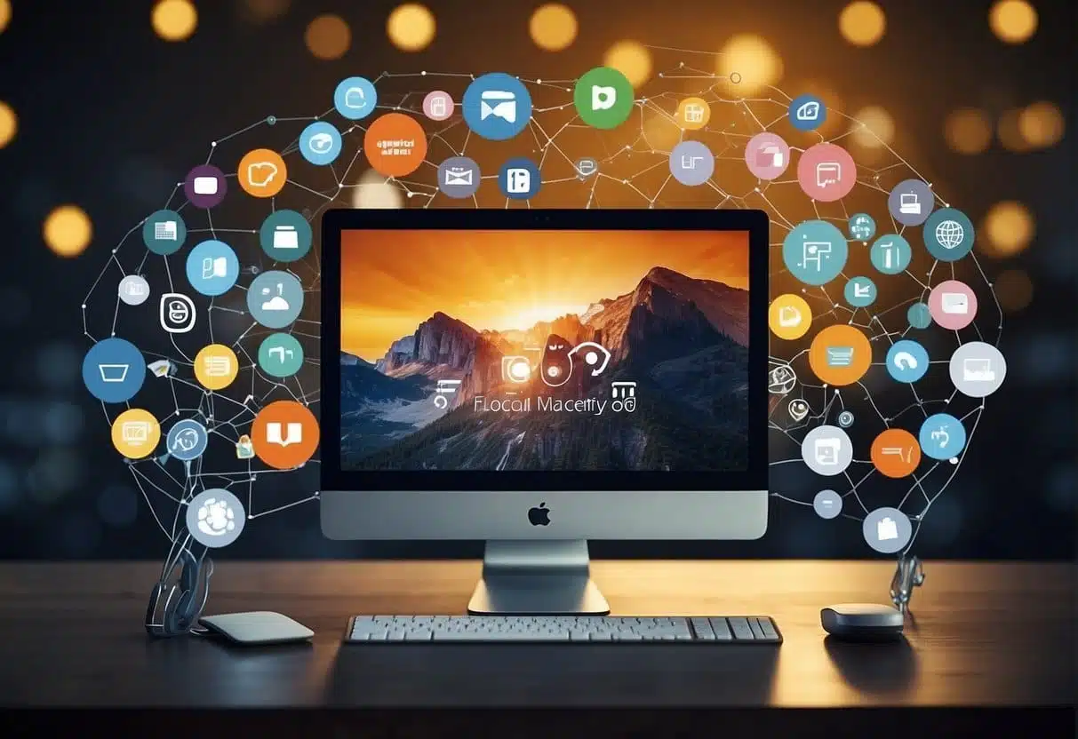 Various digital marketing tools, such as SEO software, social media management platforms, and email marketing services, are depicted in a dynamic and interconnected way, symbolizing the scaling growth marketing efforts