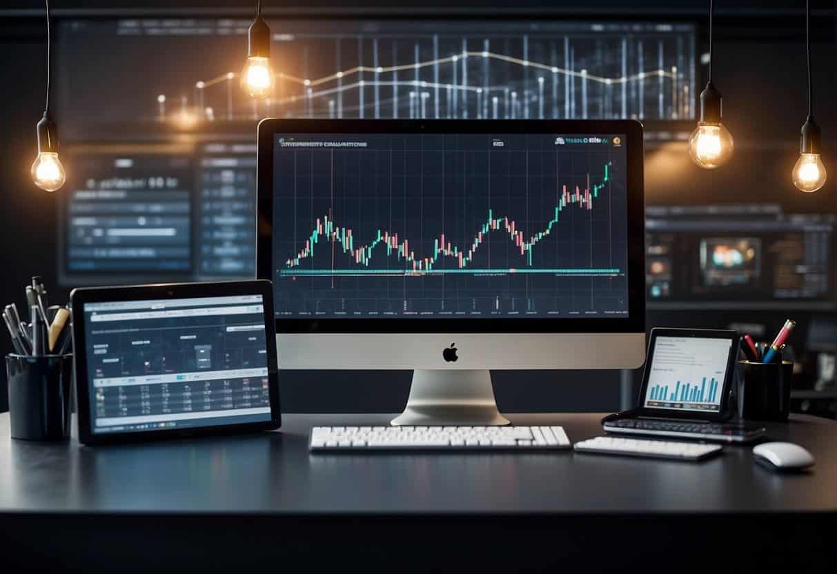 A computer screen displays a graph with a sharp upward trend, surrounded by various growth hacking tools and tactics