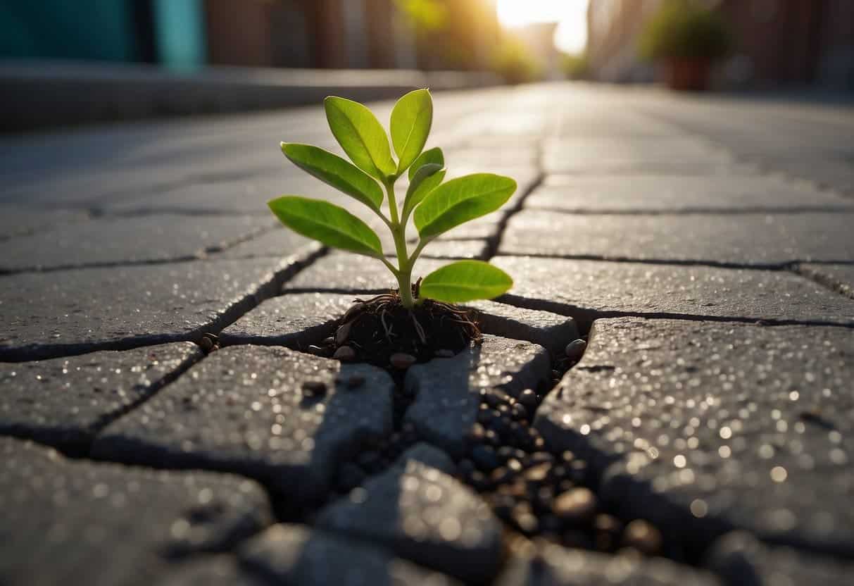 A plant sprouting from a cracked concrete sidewalk, surrounded by scattered seeds and a glowing light symbolizing growth hacking strategies