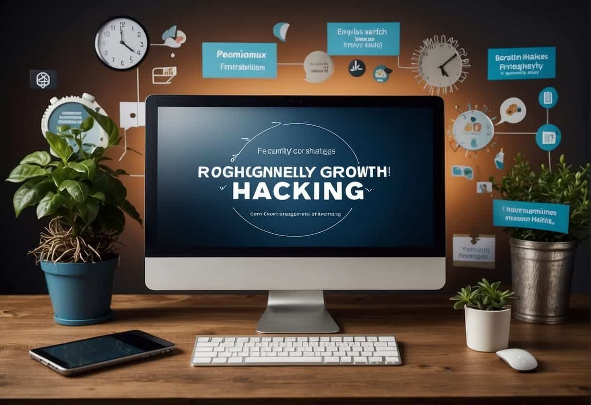 A computer surrounded by various marketing tools and strategies, with the words "Frequently Asked Questions growth hacking strategies" displayed on the screen