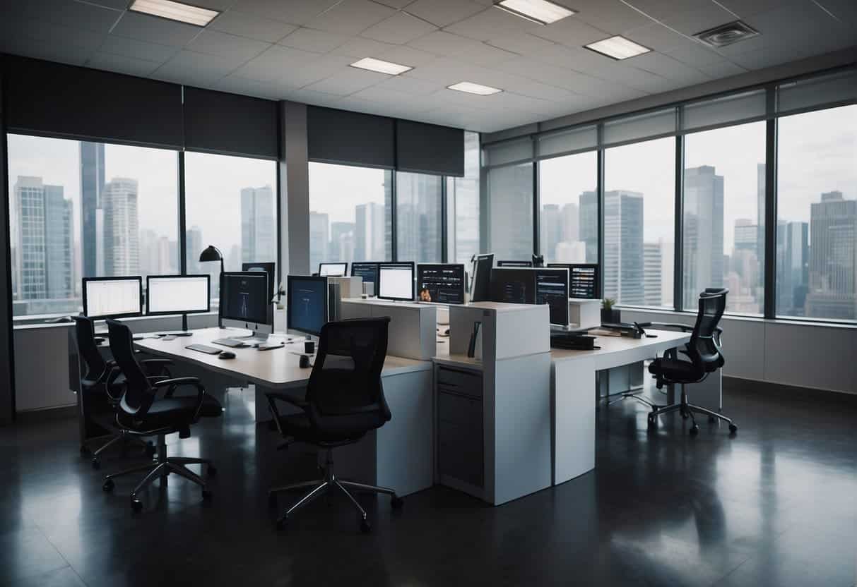 B2B Growth Hacking - An office setting with computers, charts, and a brainstorming session. A whiteboard displays marketing strategies and growth metrics