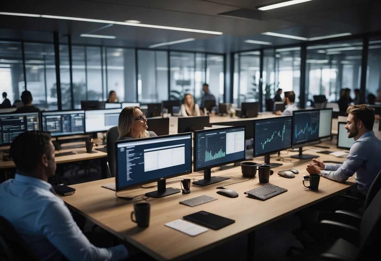 A bustling office with employees collaborating on digital platforms, analyzing data, and brainstorming innovative strategies to enhance the b2b customer experience