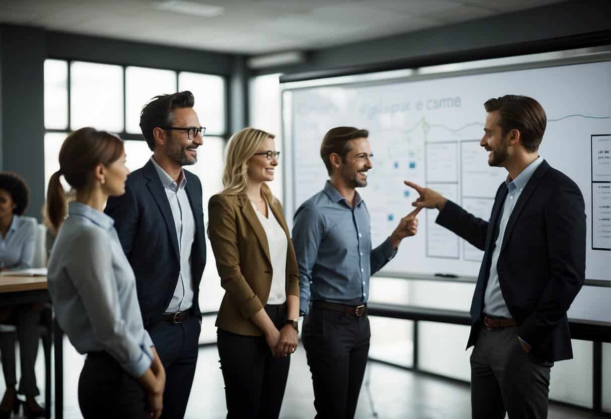 A group of business professionals gather around a whiteboard, brainstorming and strategizing for growth hacking. Post-it notes and charts cover the walls, creating a dynamic and collaborative atmosphere