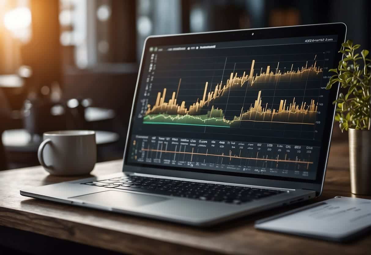 A laptop surrounded by various marketing tools and strategies, with a bar graph showing exponential growth
