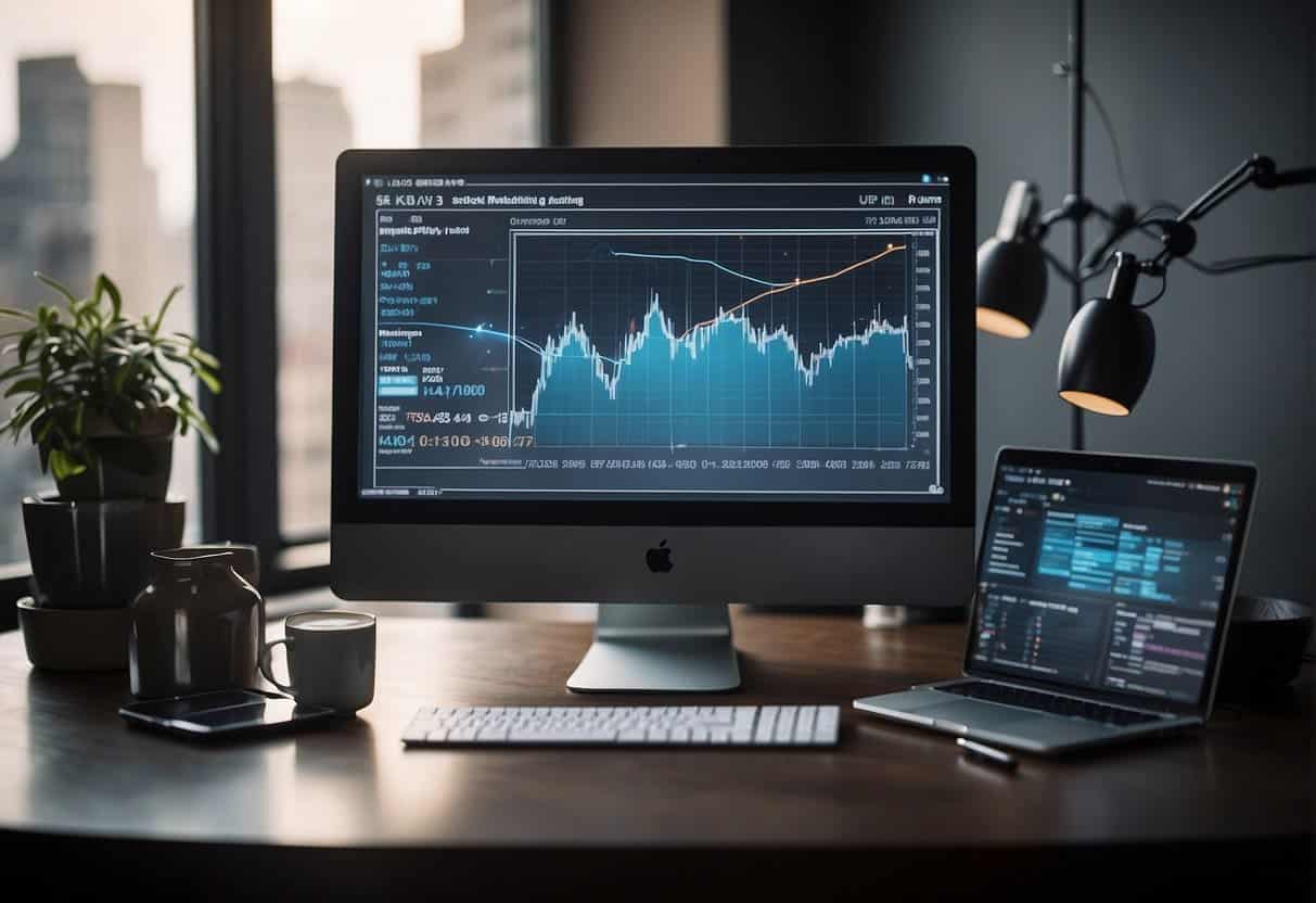 A computer screen displaying a graph with a sharp upward trend, surrounded by various digital marketing tools and icons