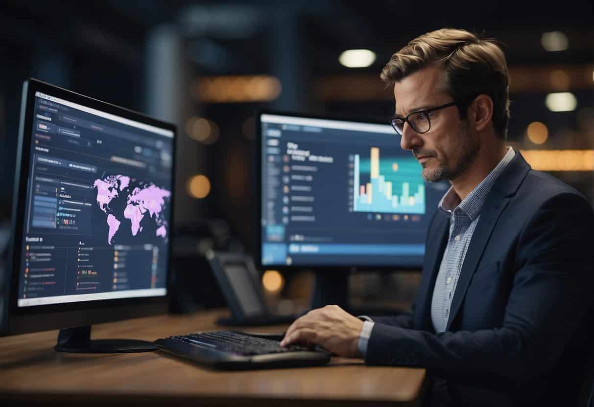 A small business owner interacts with AI technology, analyzing data and making strategic decisions for growth