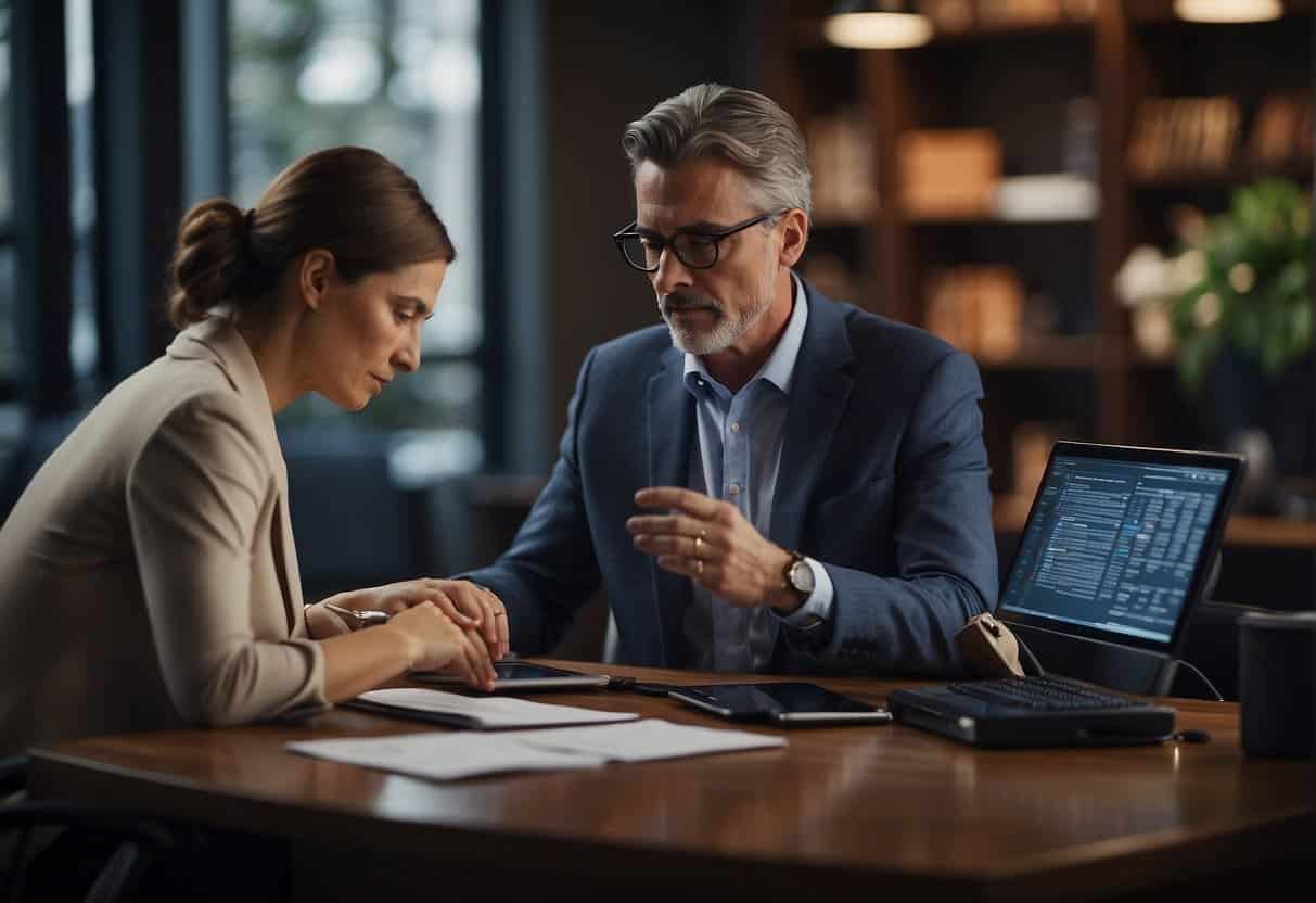 A small business owner consults a legal expert while an AI system analyzes data. The owner weighs ethical implications for AI implementation