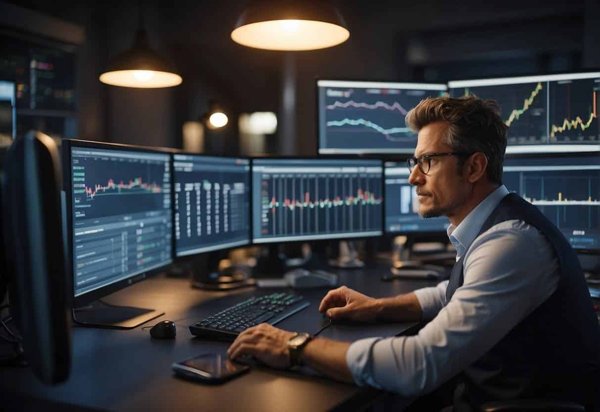 A small business owner sits at a desk, surrounded by charts and graphs. A computer screen displays AI investment costs and potential ROI, while a funding proposal is being drafted