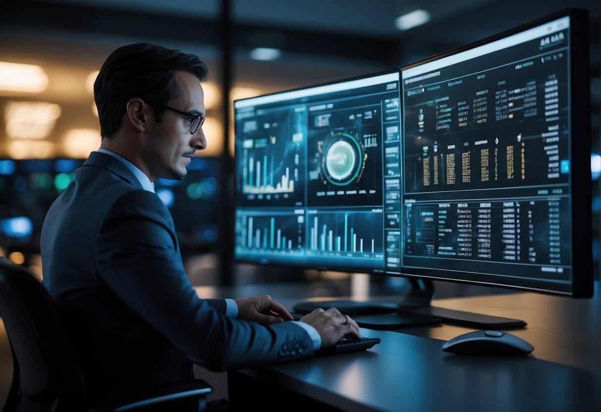 AI algorithms monitor online transactions, detecting potential security threats. A customer completes a seamless and secure payment, reassured by the advanced technology protecting their financial information
