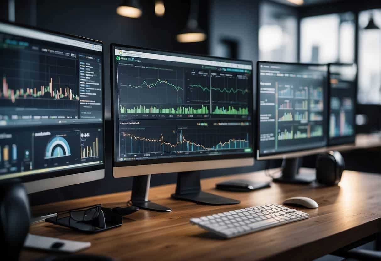 Small businesses using AI for data analysis and decision-making. Charts and graphs showing growth and efficiency. AI algorithms optimizing processes
