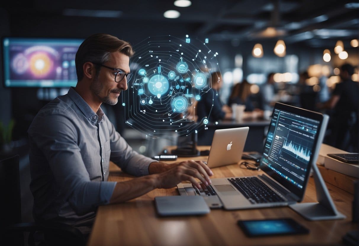 An AI algorithm processes data for an online store, while small business owners watch their sales soar