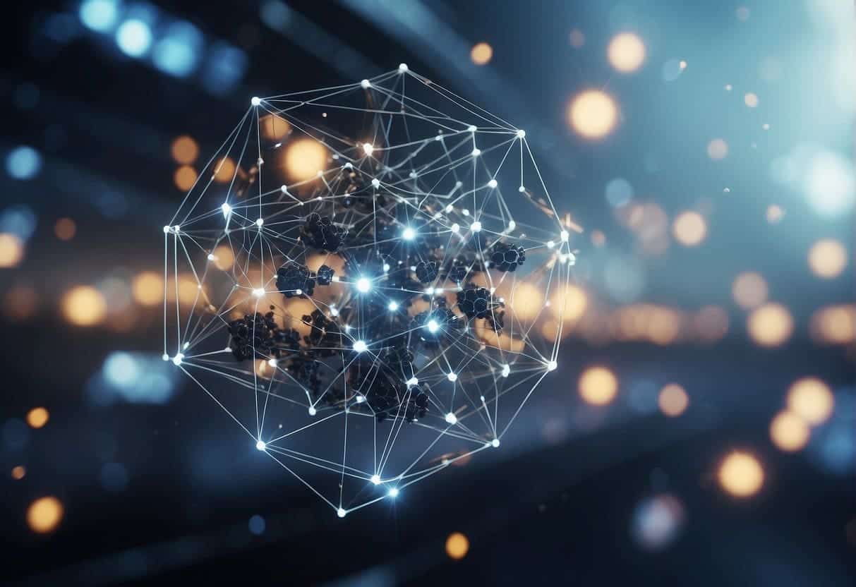 A group of interconnected nodes representing various industries collaborating and sharing data in a futuristic AI-powered ecosystem
