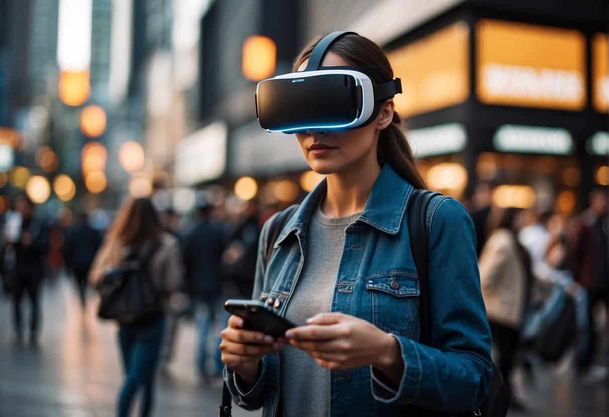 A bustling city street with AI-empowered VR headsets in use at various retail and commercial locations. The technology creates immersive experiences for customers