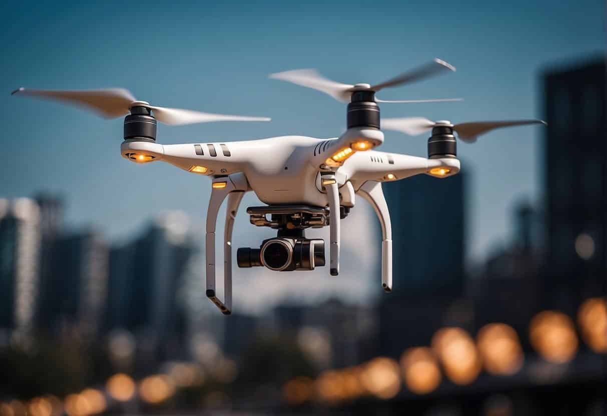 Drones navigating through urban landscape using AI for precision and safety. AI algorithms controlling flight paths and avoiding obstacles for commercial purposes