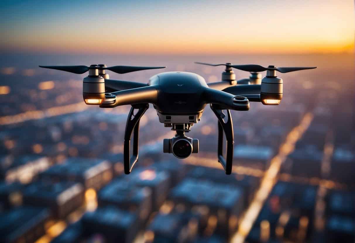A drone flying over a city skyline with various commercial buildings, while a network of regulations and AI technology is depicted in the background