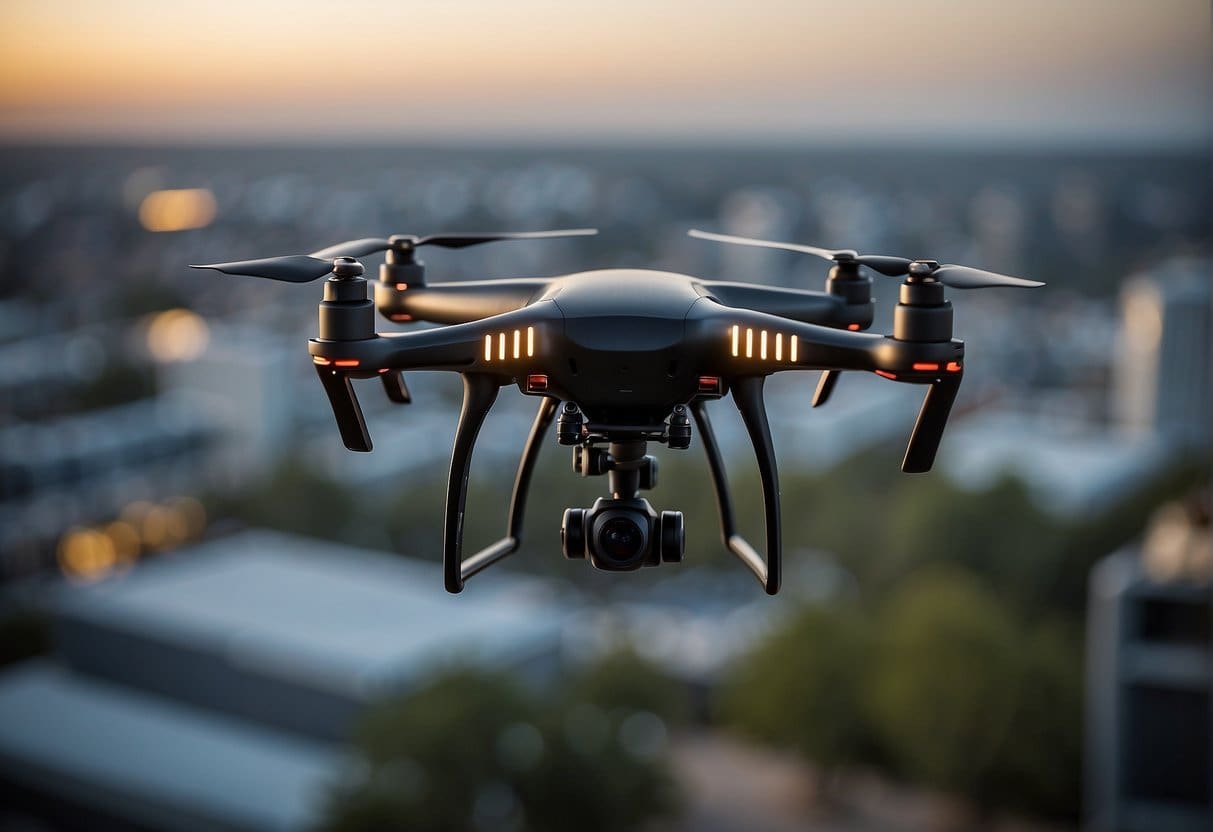 A drone hovers above a commercial area, equipped with advanced security and surveillance AI technology. It scans the surroundings with precision, ensuring maximum safety and monitoring capabilities