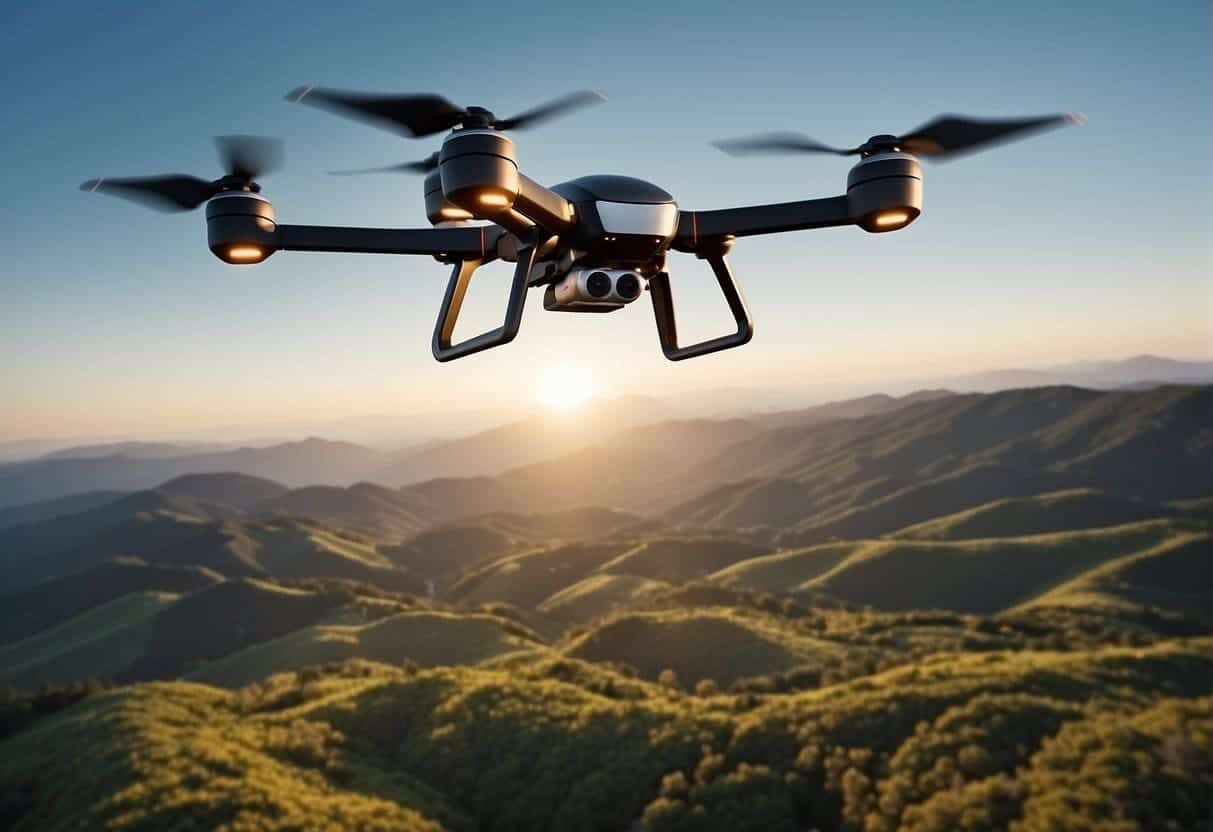 AI drones flying in formation, mapping terrain and delivering packages. Cutting-edge technology integrated for commercial use