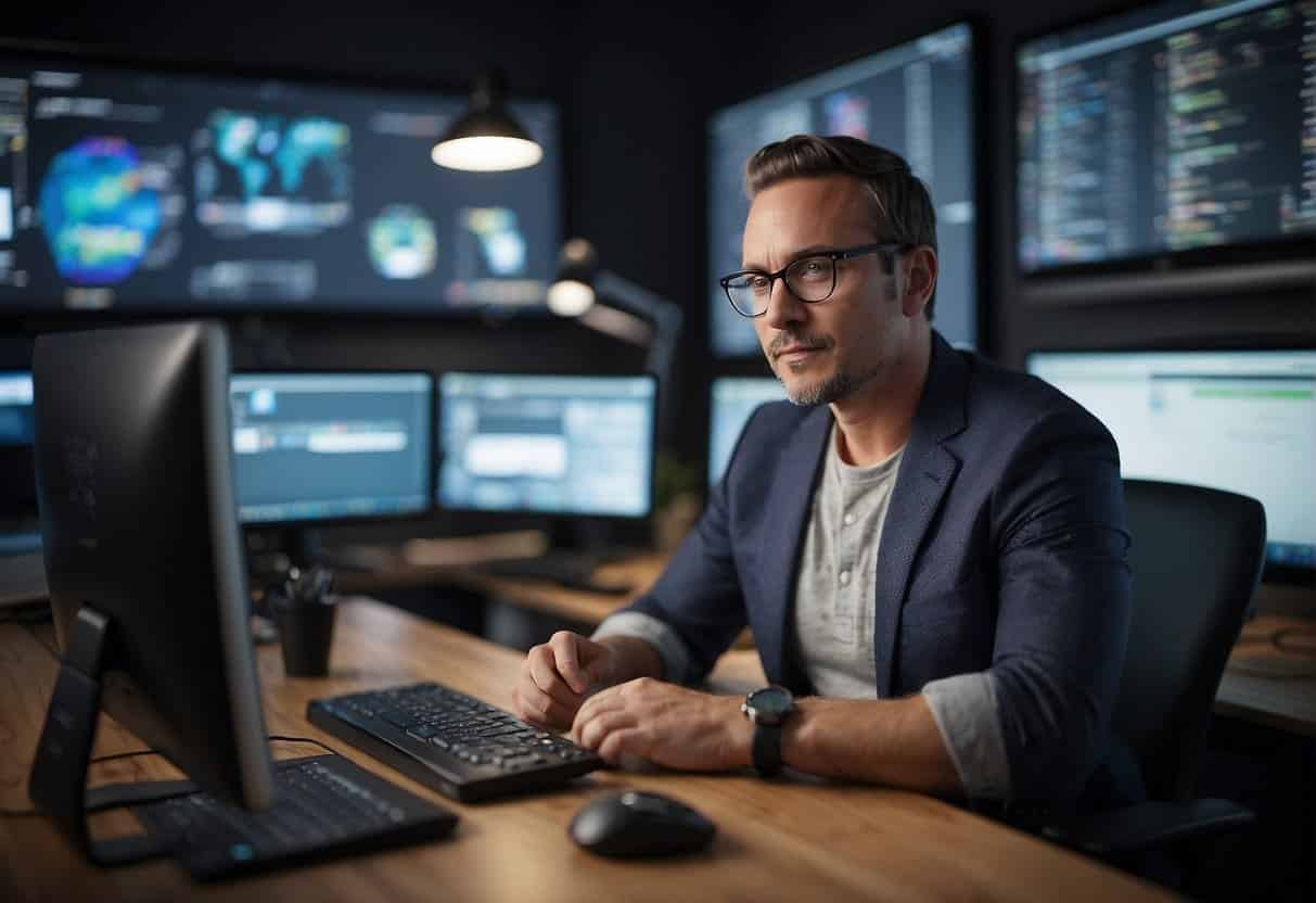 A small business owner sits at a desk, surrounded by computer screens and AI technology. They are reading a guide titled "Getting Started with AI: First Steps for Entrepreneurs."