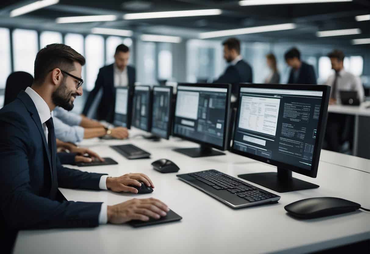 Employees work efficiently with AI tools in a modern office setting, utilizing technology to streamline tasks and increase productivity