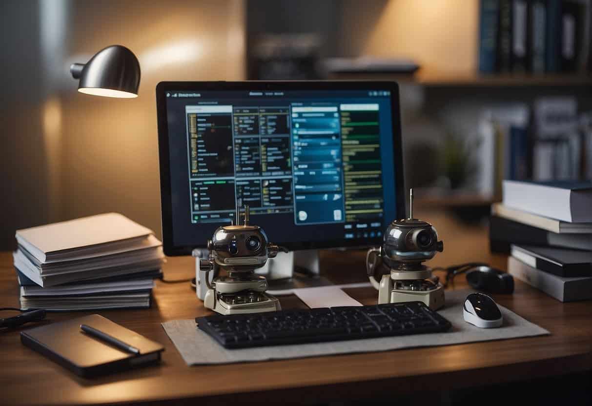 A small business owner reads a guidebook on AI, surrounded by office supplies and a computer