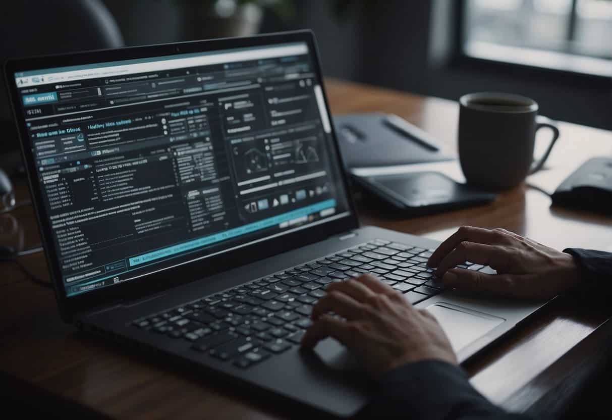 An office setting with a computer screen displaying AI algorithms, alongside a small business owner reviewing a guidebook on AI efficiency