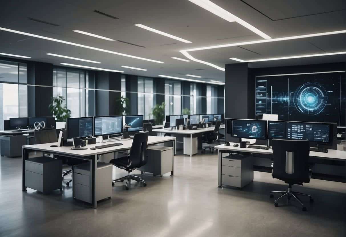 A futuristic office setting with AI-powered devices, showcasing small business innovation and competitive advantage
