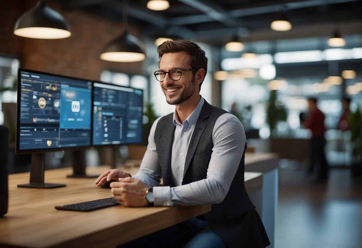 A small business owner interacts with AI technology, improving customer experience