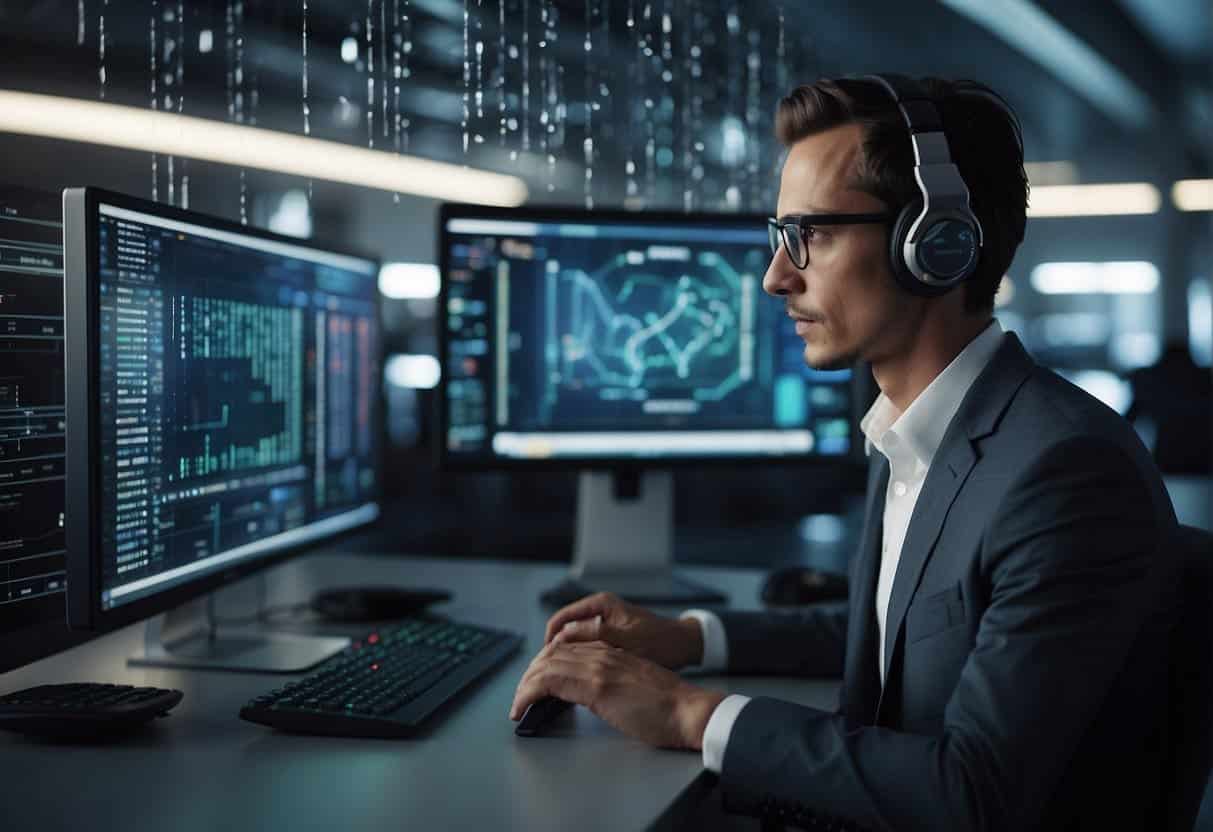 AI algorithms working on various tasks, such as data analysis, pattern recognition, and decision-making, within a futuristic, sleek, and efficient environment