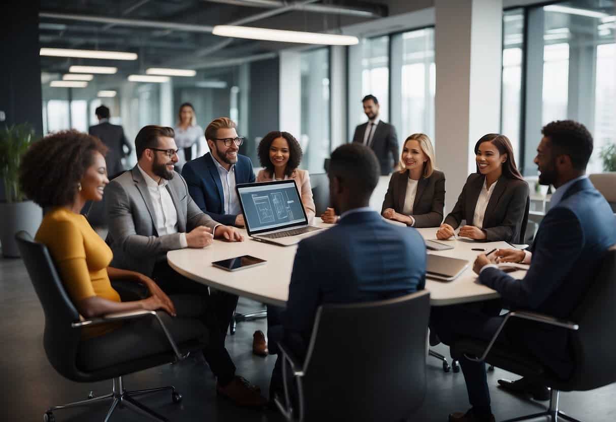 A group of people discussing cost-effective AI implementation strategies in a modern office setting