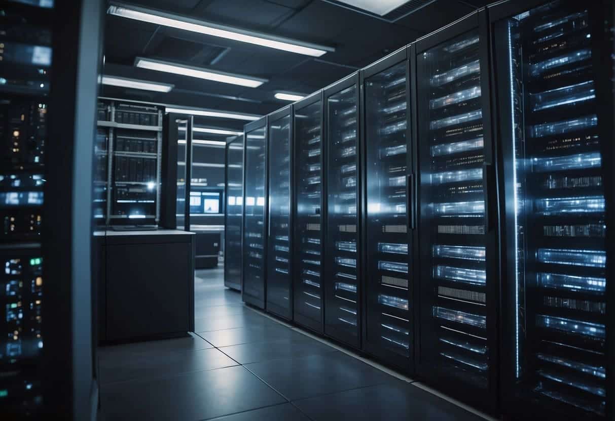 A computer server room with AI technology being securely implemented