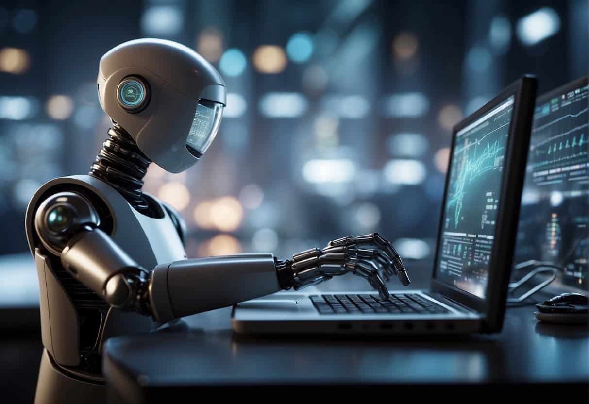 A computer screen displays a graph with increasing traffic and engagement. A robot hand types on a keyboard, while a magnifying glass hovers over a website, symbolizing AI-driven SEO strategies