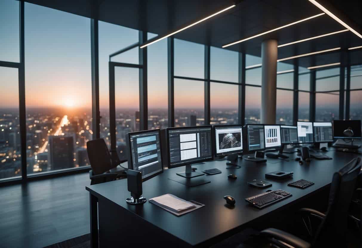 A modern office with AI software running on multiple screens, analyzing customer data and creating personalized marketing strategies