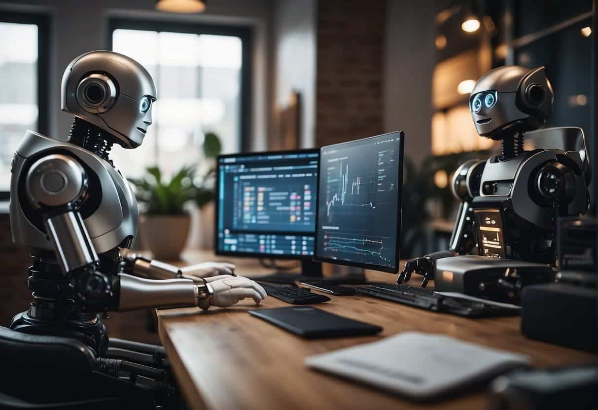Various AI tools and resources surround a small business owner, including chatbots, data analytics, and automated marketing strategies