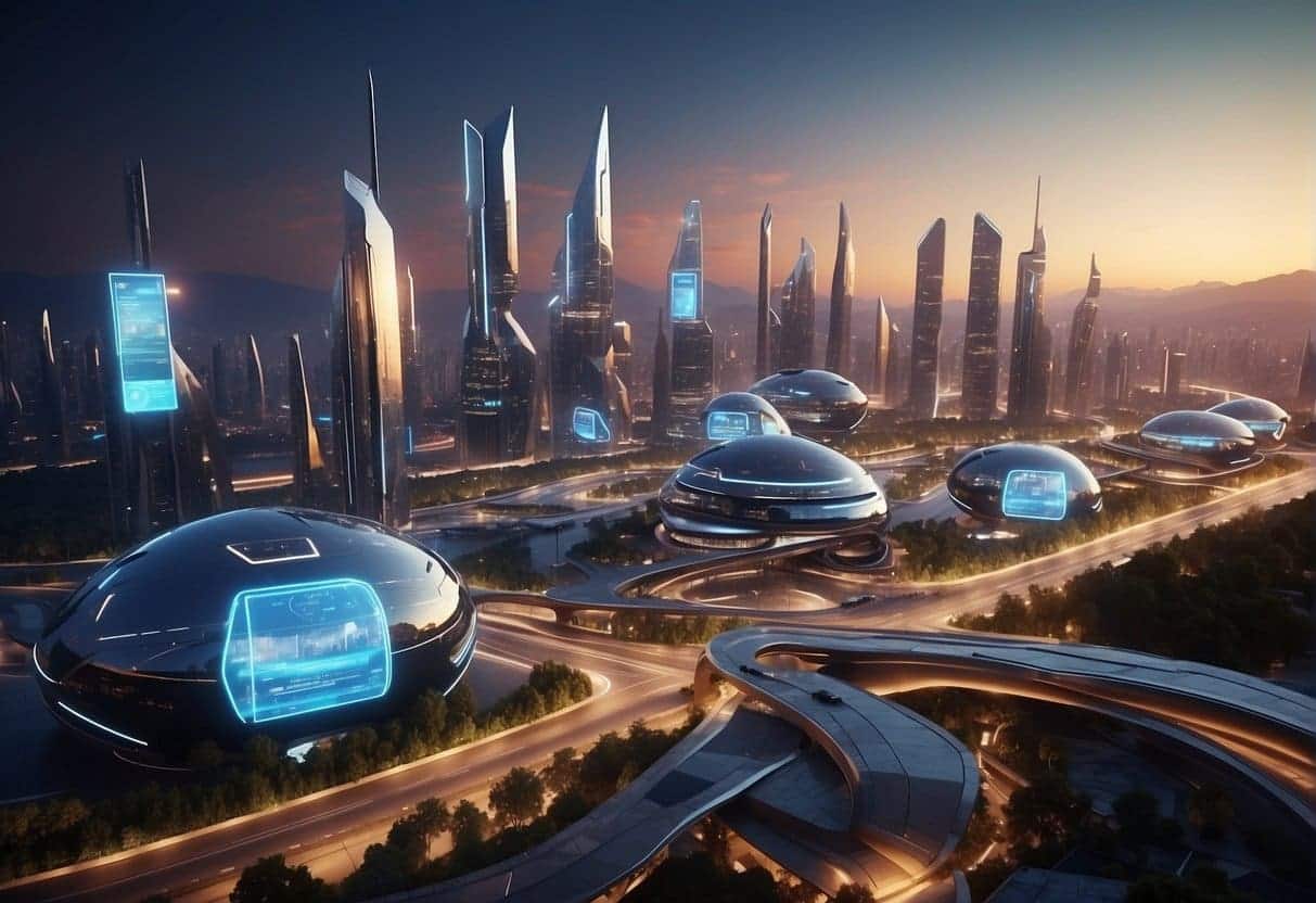 A futuristic city skyline with AI-powered billboards and drones delivering products. Bright colors and sleek designs symbolize innovation and cutting-edge technology