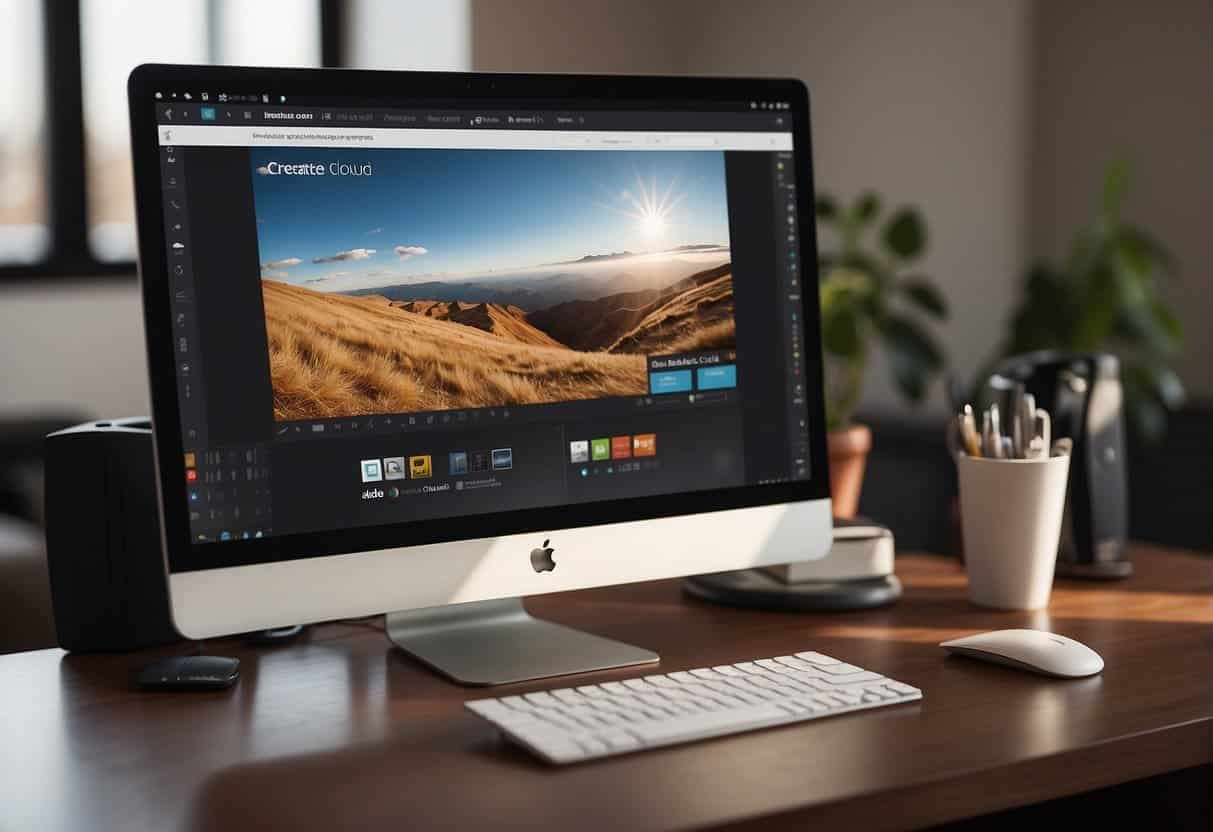 An office desk with a computer displaying the Adobe Creative Cloud interface. A small business logo is being uploaded to the cloud storage