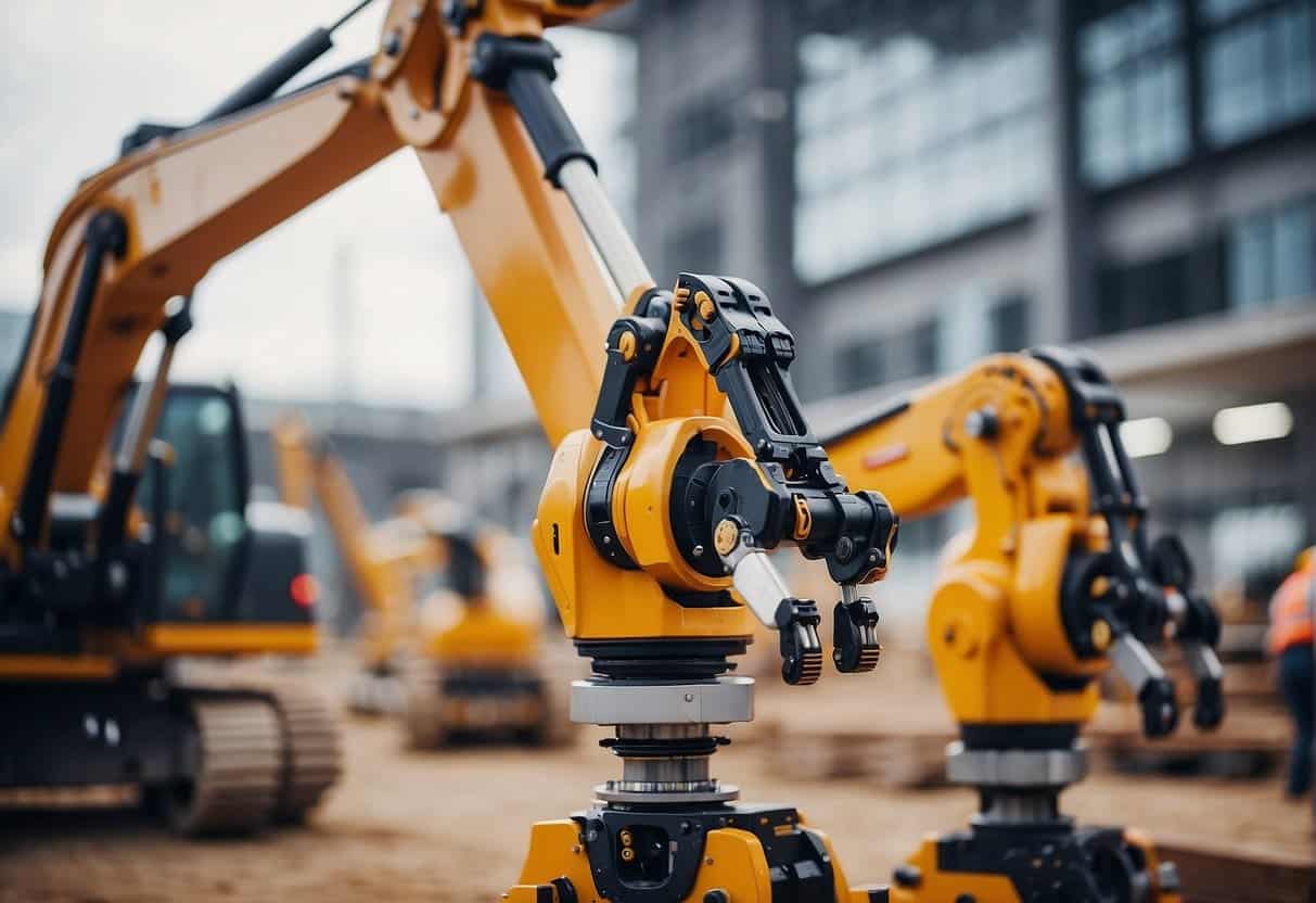 Robotic arms assembling materials at a construction site, guided by AI algorithms
