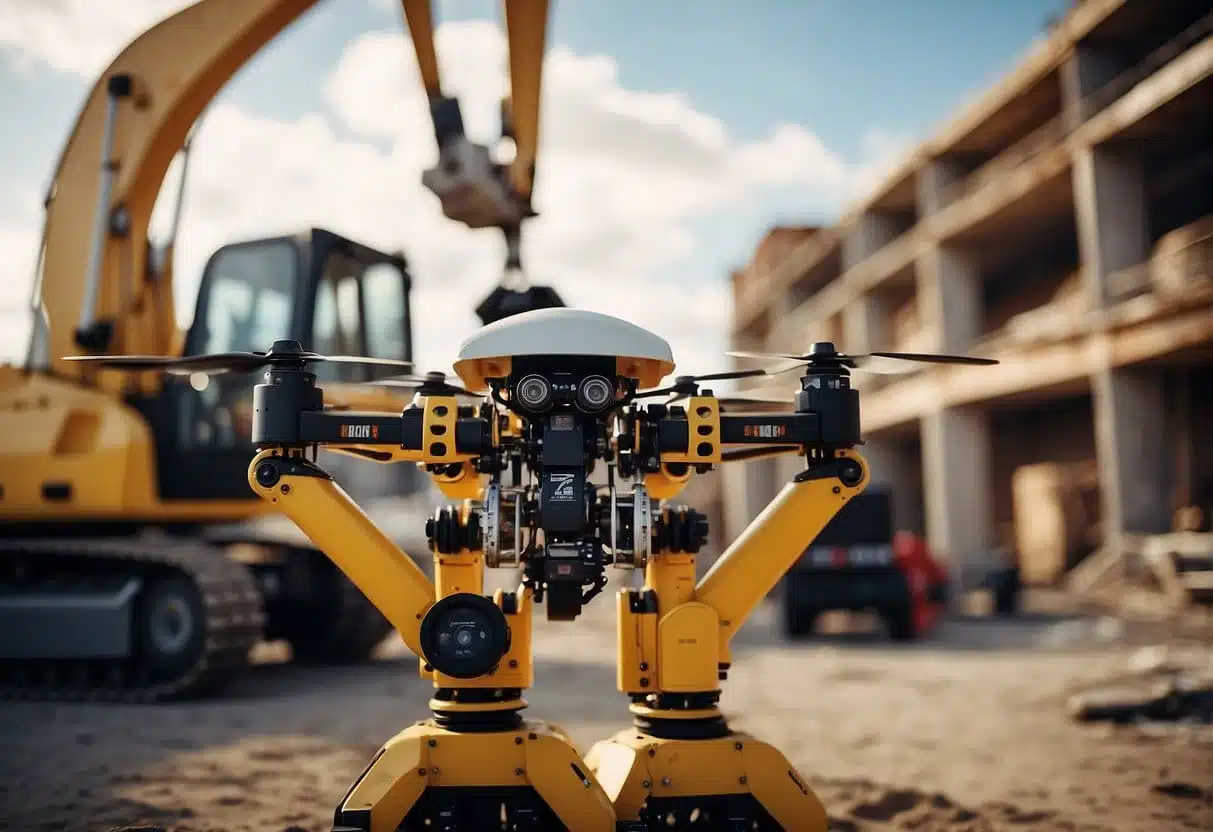Robotic arms and drones working in unison on a construction site, guided by AI technology to ensure safety and compliance