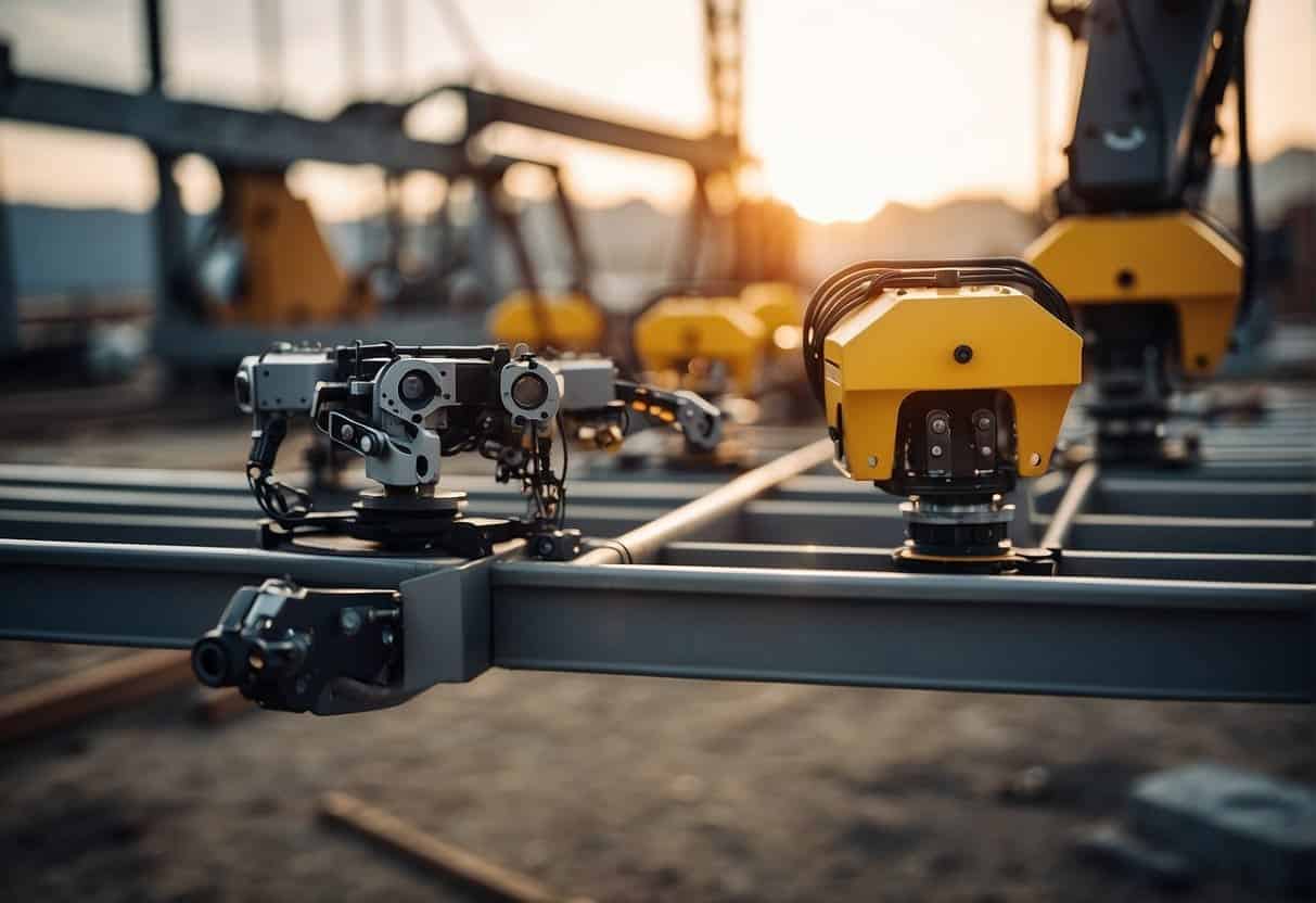 Robotic arms assembling steel beams on a construction site, while drones survey the area for potential safety hazards